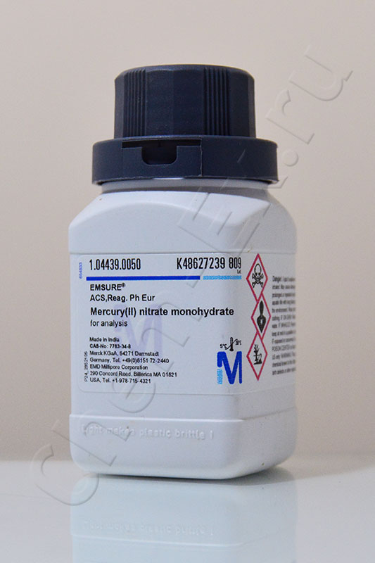 Ртуть (II) азотнокислая 1-вод., для анализа EMSURE® (Merck 1.04439.0050), 50 г в Уфе