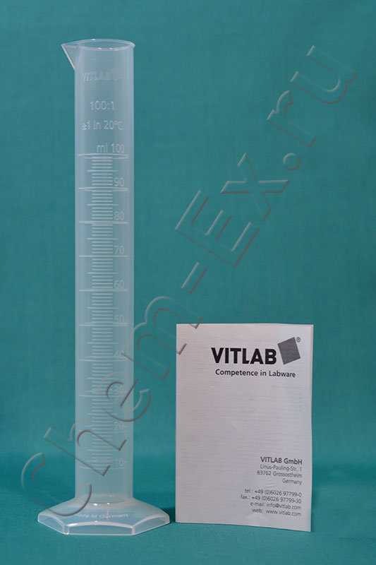 Цилиндр  100 мл с нос., рельефная шкала, d = 33 мм, h = 250 мм,  ПП Vitlab (649941) в Уфе