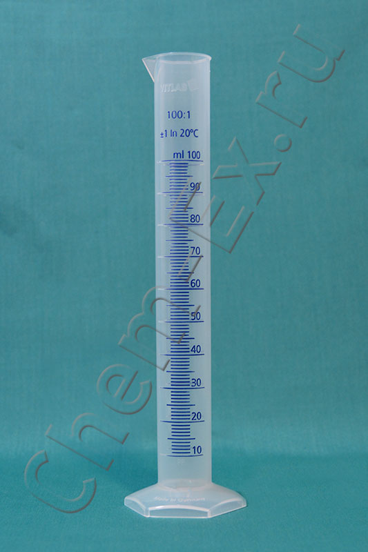 Цилиндр  100 мл с нос., рельефная синяя шкала, d = 33 мм, h = 250 мм, ПП Vitlab (649081)