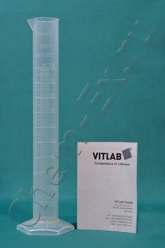 Цилиндр  100 мл с нос., рельефная шкала, d = 33 мм, h = 250 мм,  ПП Vitlab (649941)