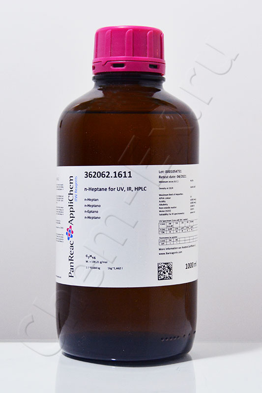 н-Гептан 99% для УФ-ИК-ВЭЖХ (Panreac 362062.1611), 1 л.
