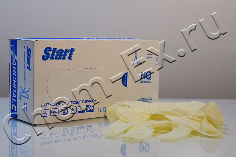 Перчатки Start (смотровые, латексные, нестерильные, неопудренные), размер S, уп/50 пар в Уфе